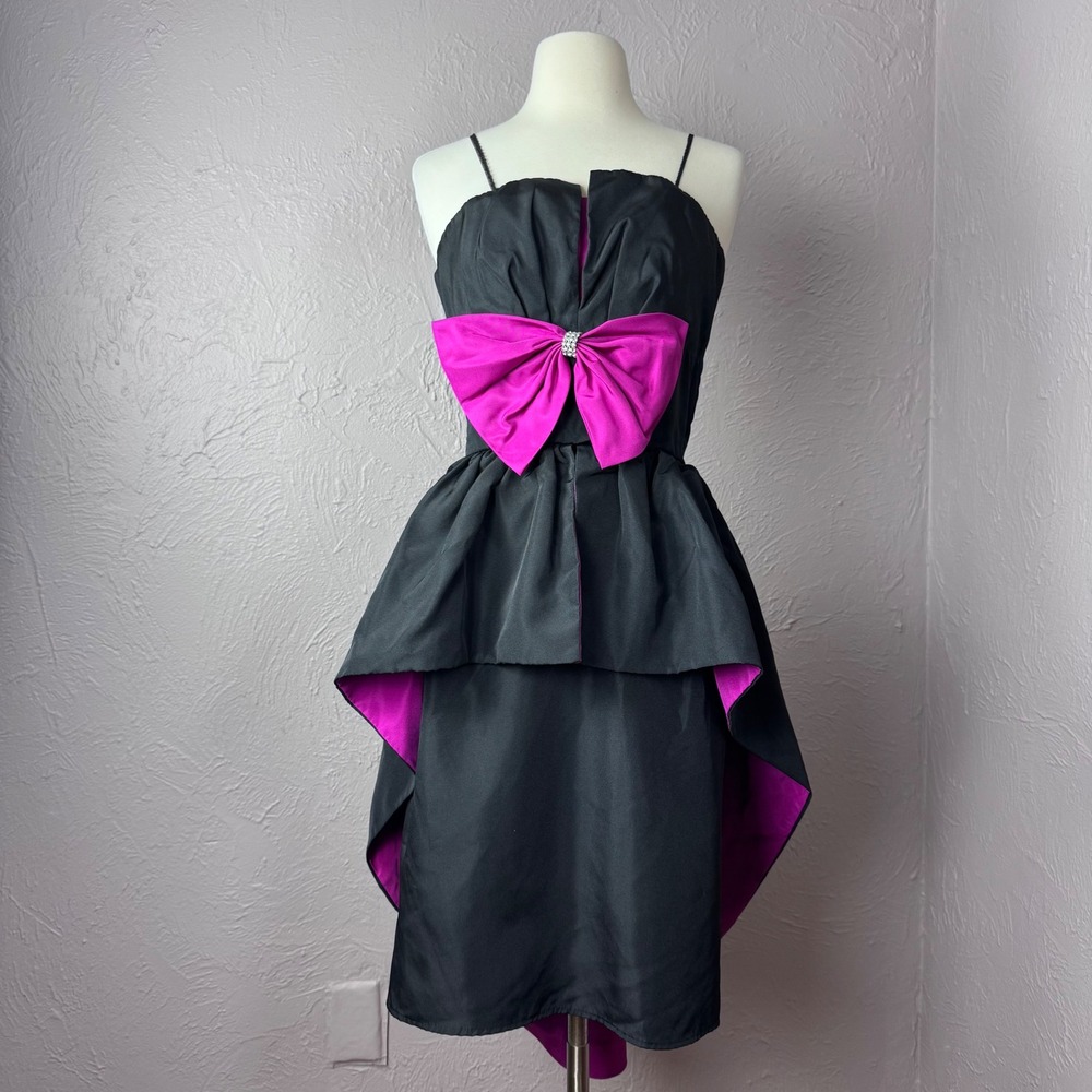 Vintage 80s Hot Pink and Black Strapless Formal Prom Homecoming Dress SMALL
